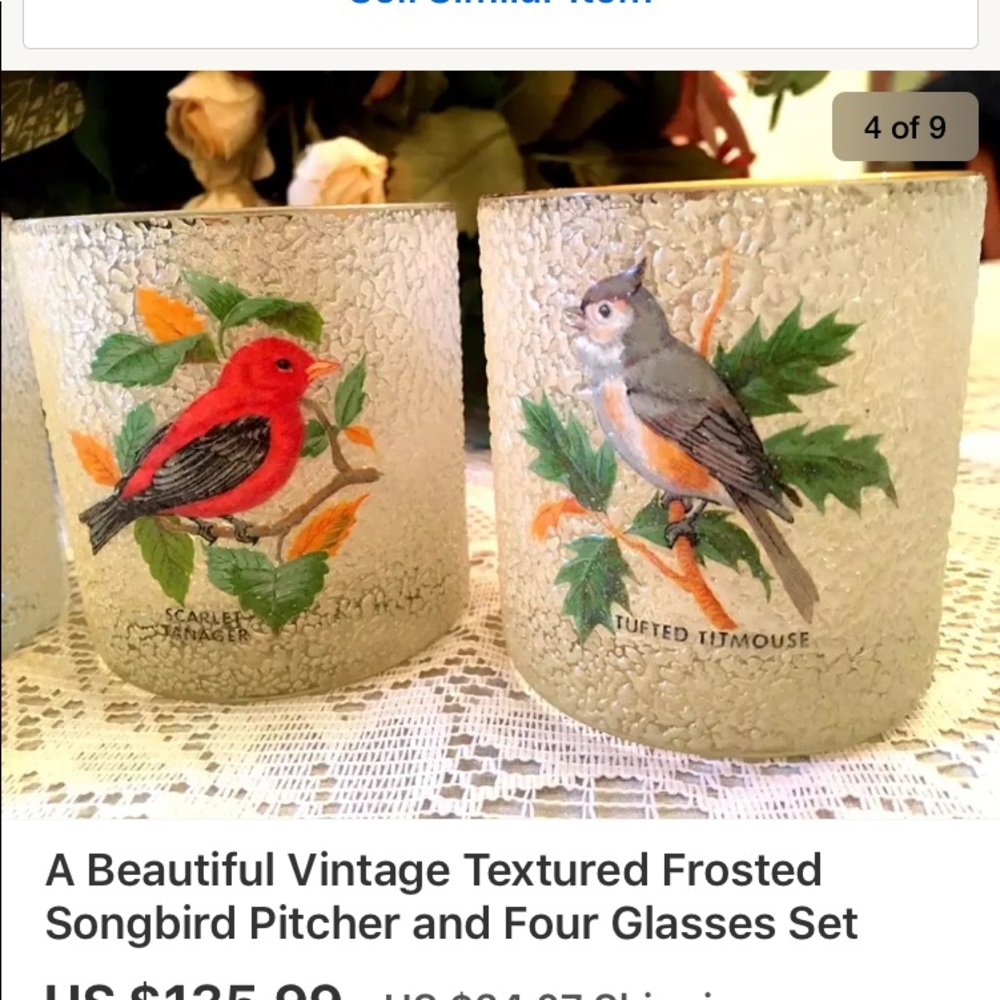 Vintage Textured Frosted Songbird Pitcher 4 Glasse - Picture 4 of 8